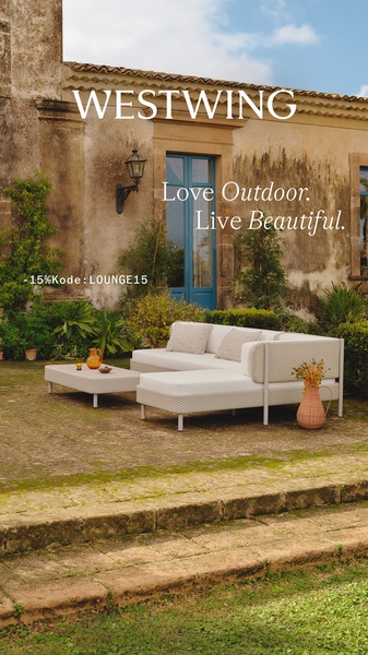 outdoor sofa, patio lounge, garden sofa, outdoor seating, lounge set, outdoor furniture, discount offer, lifestyle, outdoor, calm, luxurious, neutral, brown, green